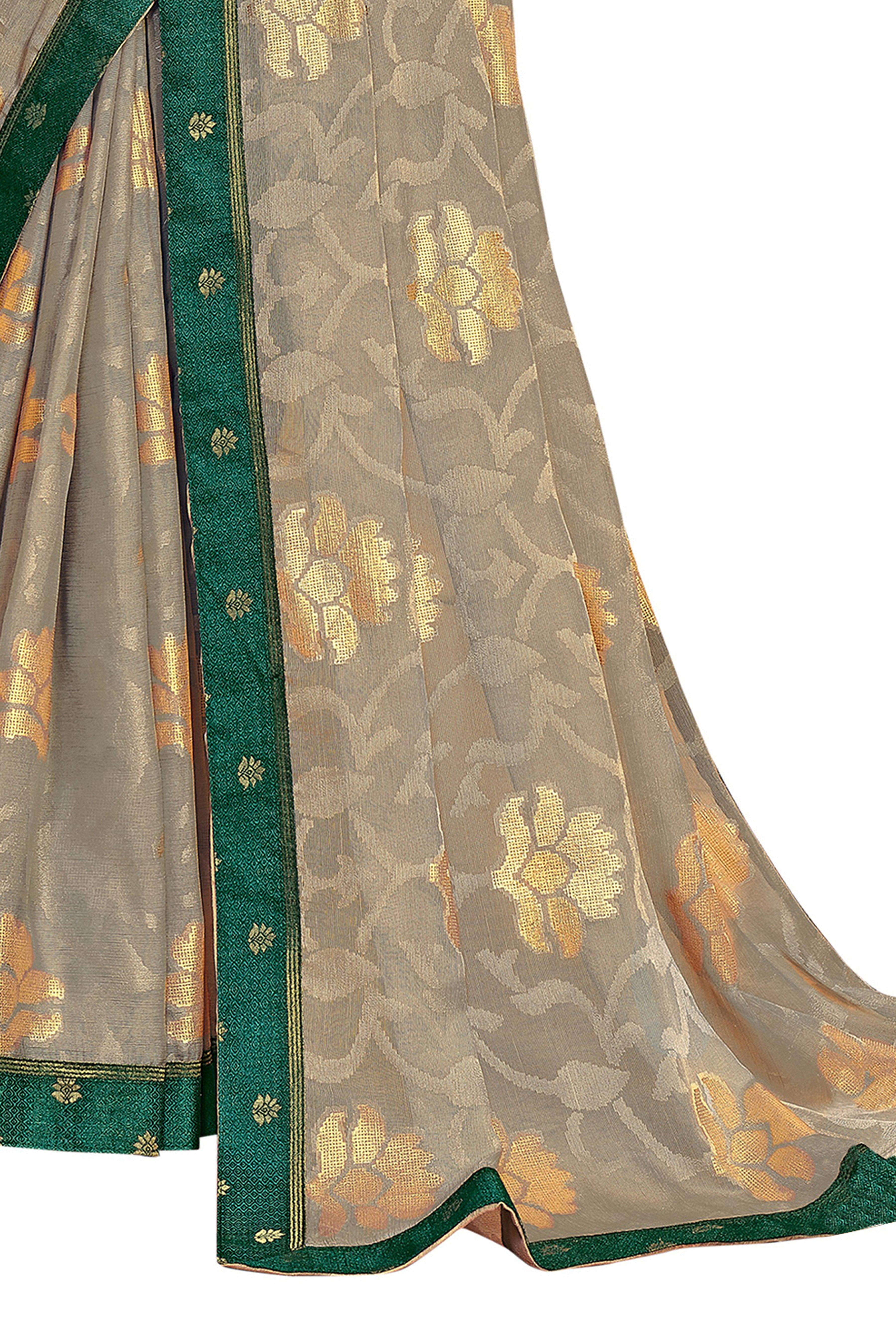 Women's Grey Designer Chiffon Brasso Saree With Exclusive Banarasi Lace - Vamika