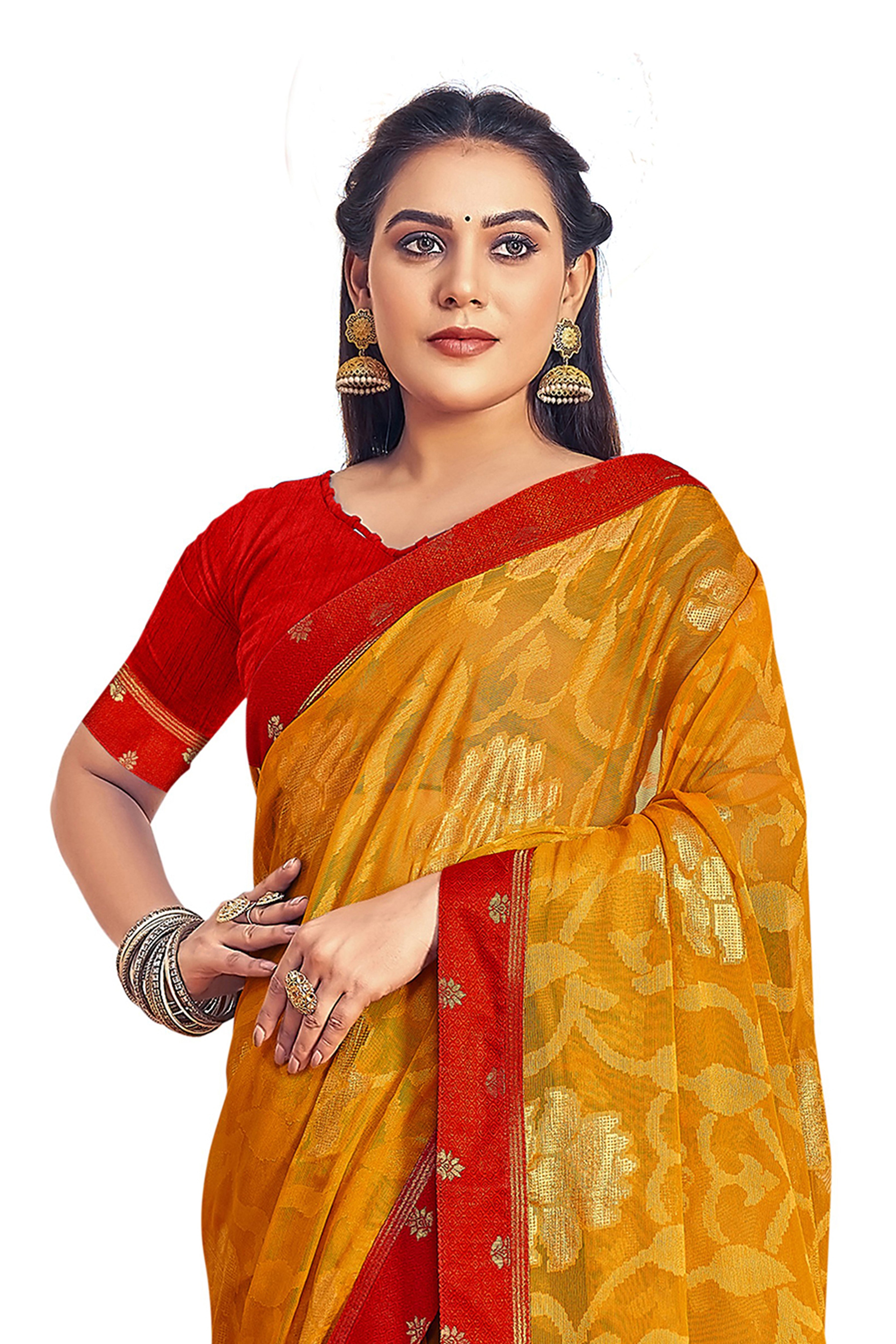 Women's Yellow Designer Chiffon Brasso Saree With Exclusive Banarasi Lace - Vamika