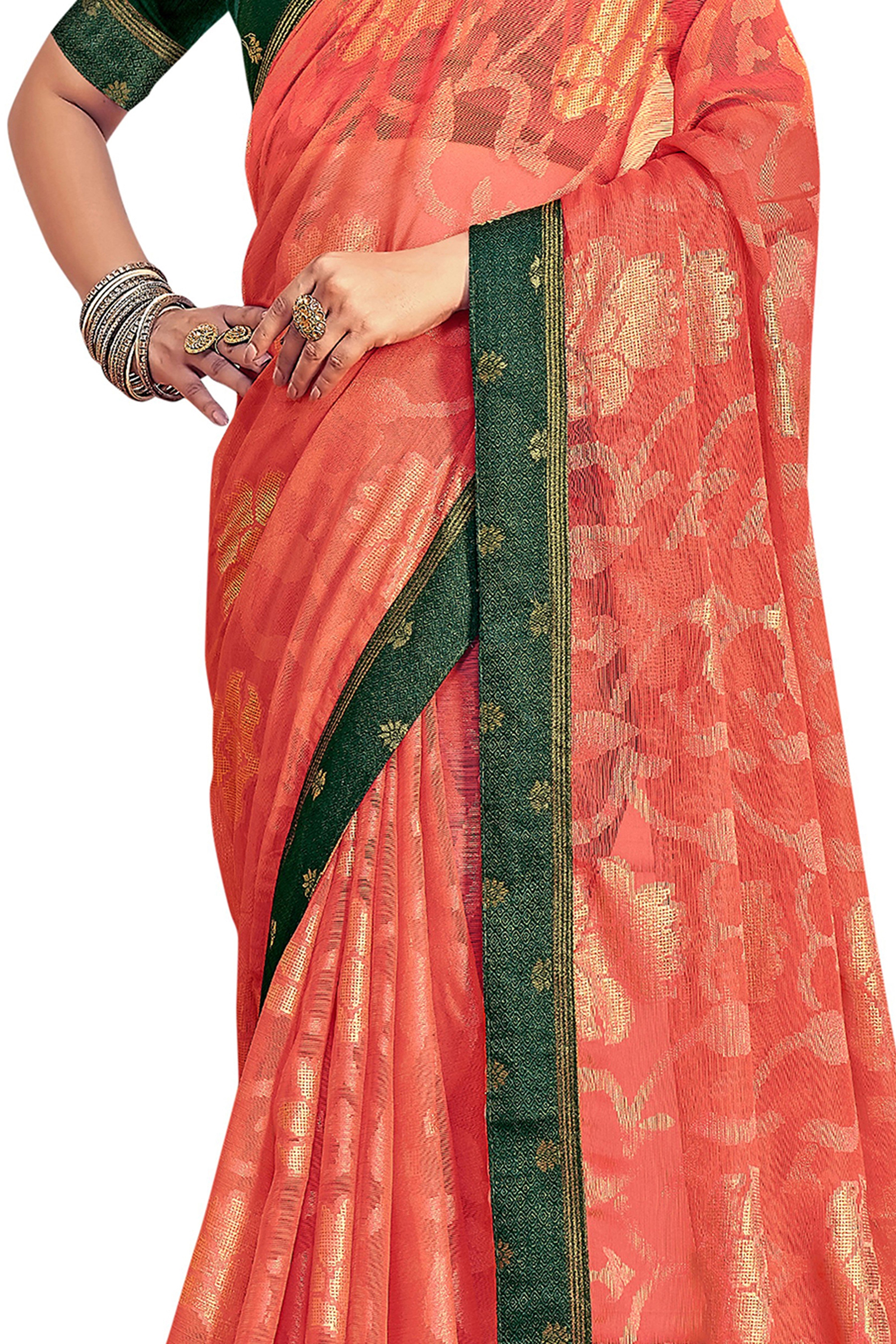Women's Orange Designer Chiffon Brasso Saree With Exclusive Banarasi Lace - Vamika
