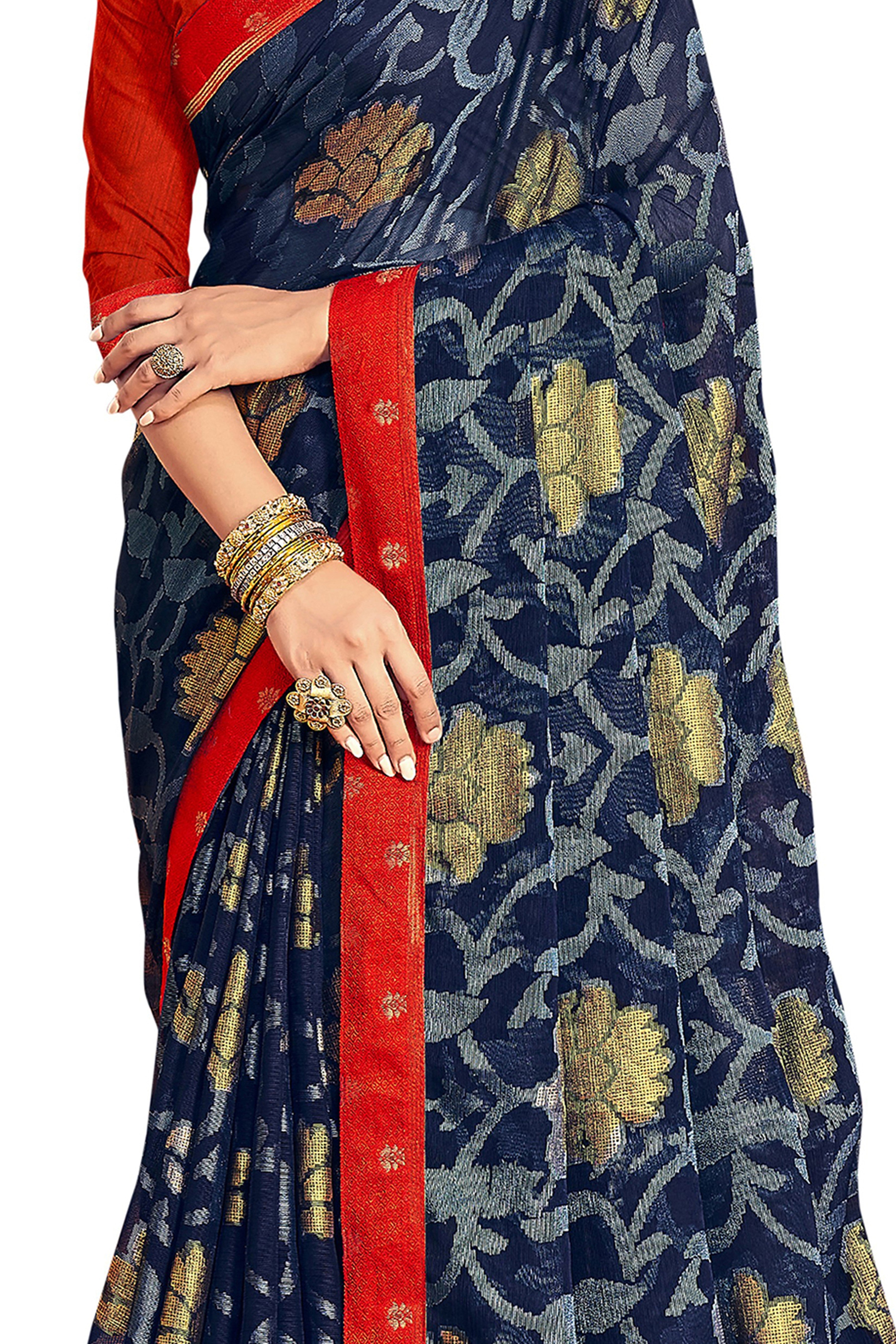 Women's Blue Designer Chiffon Brasso Saree With Exclusive Banarasi Lace - Vamika
