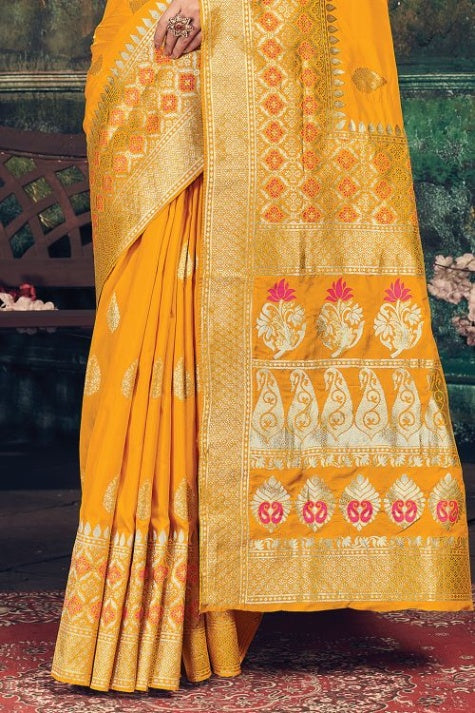 Women's Tropical Sun Yellow Banarasi Saree - Karagiri
