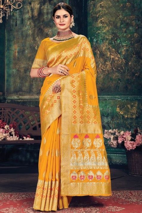 Women's Tropical Sun Yellow Banarasi Saree - Karagiri