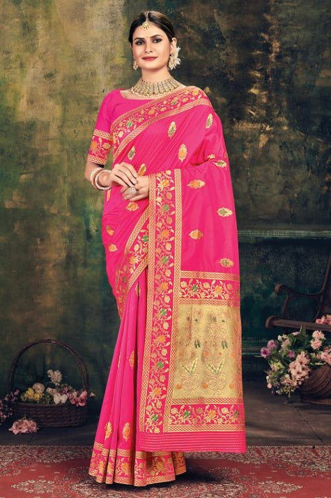 Women's Fuscia Pink Banarasi Saree - Karagiri