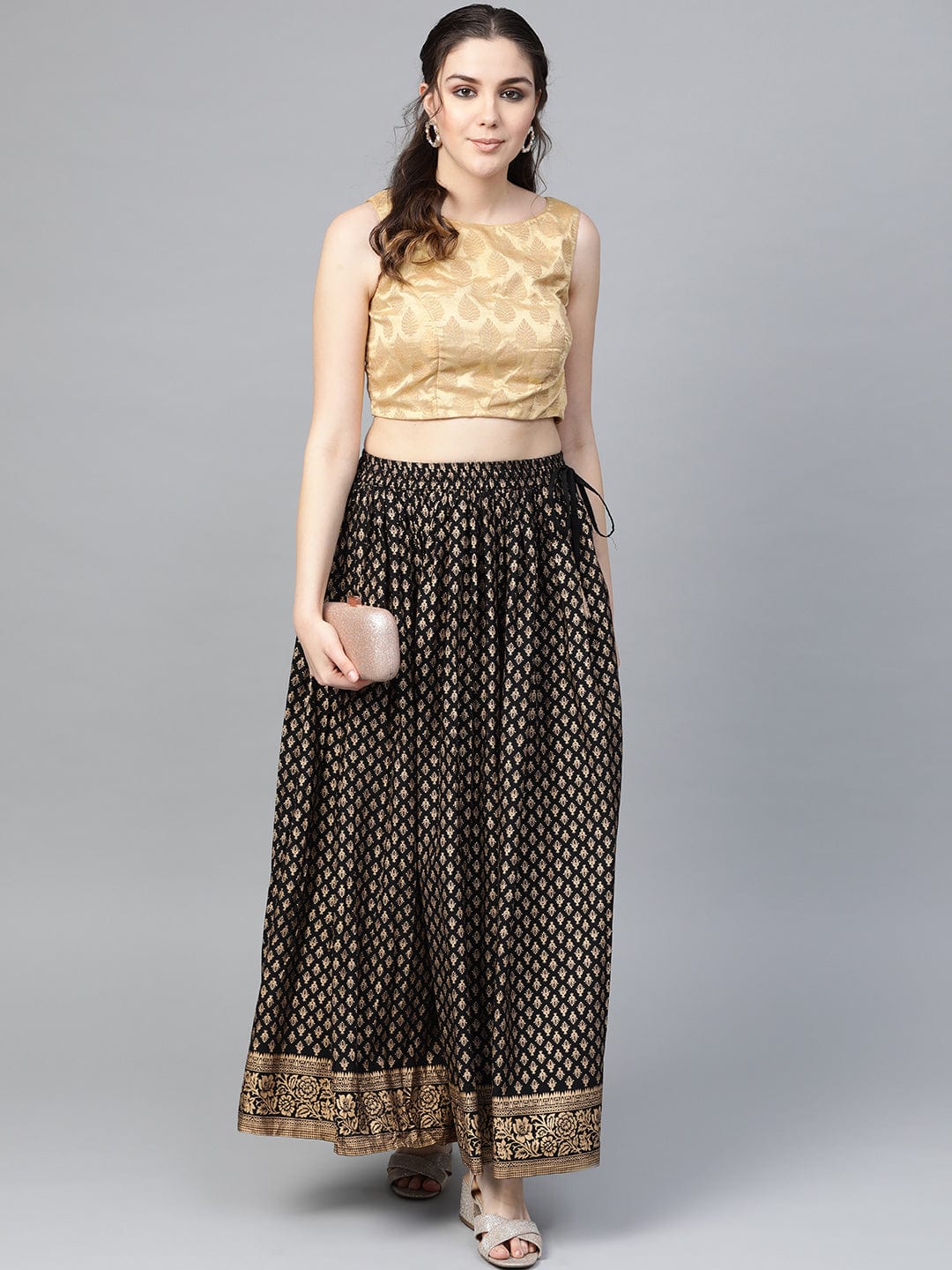 Women's Black & Golden Printed Maxi Flared Skirt - Varanga