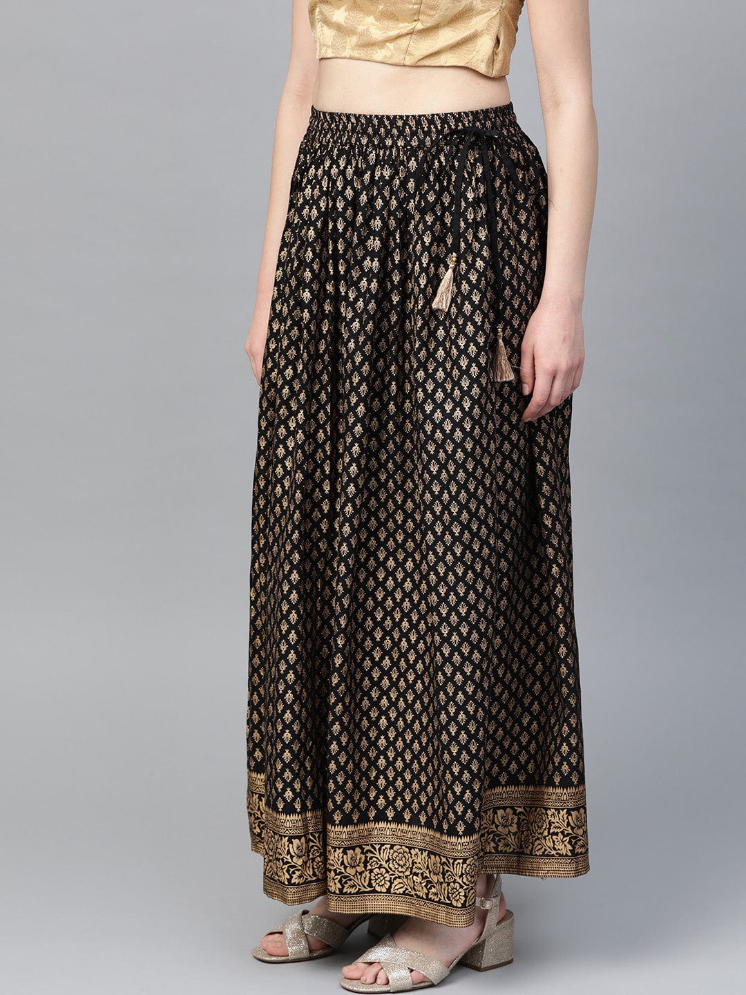 Women's Black & Golden Printed Maxi Flared Skirt - Varanga