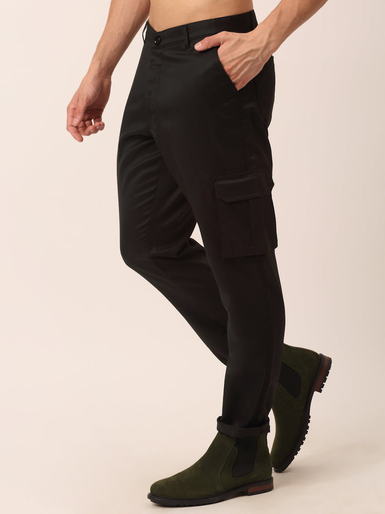 Men's Casual Cotton Solid Cargo Pants ( KGP 154 Black )