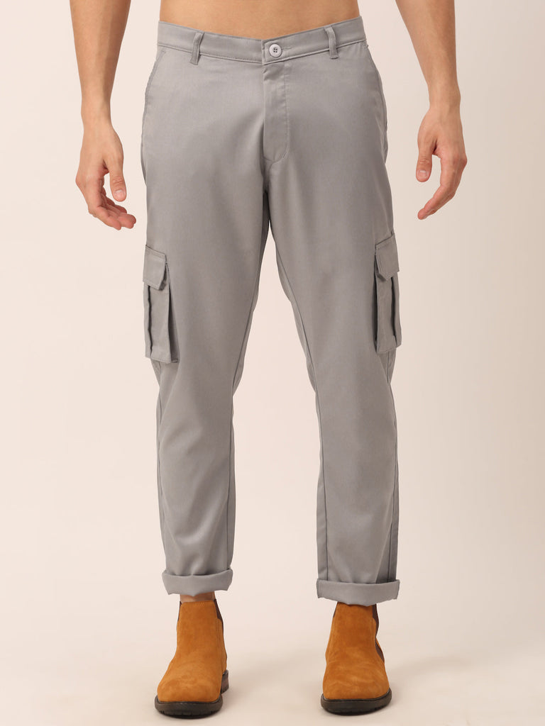Men's Casual Cotton Solid Cargo Pants ( KGP 154 Light-Grey )