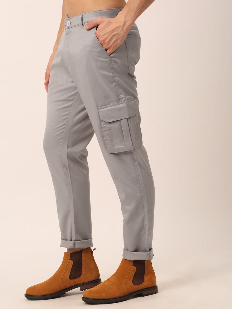 Men's Casual Cotton Solid Cargo Pants ( KGP 154 Light-Grey )