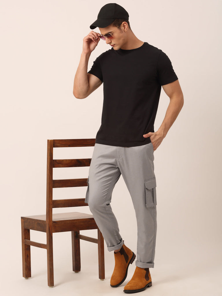 Men's Casual Cotton Solid Cargo Pants ( KGP 154 Light-Grey )