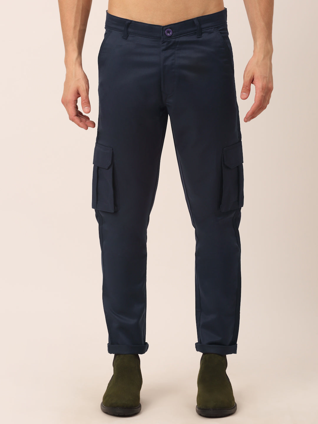 Men's Casual Cotton Solid Cargo Pants ( KGP 154 Navy-Blue ) - Jainish