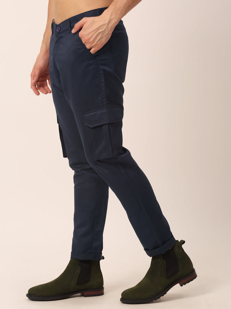 Men's Casual Cotton Solid Cargo Pants ( KGP 154 Navy-Blue )