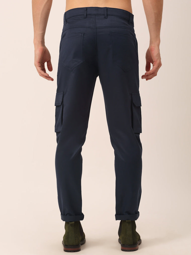 Men's Casual Cotton Solid Cargo Pants ( KGP 154 Navy-Blue )