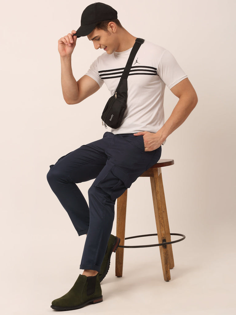 Men's Casual Cotton Solid Cargo Pants ( KGP 154 Navy-Blue )