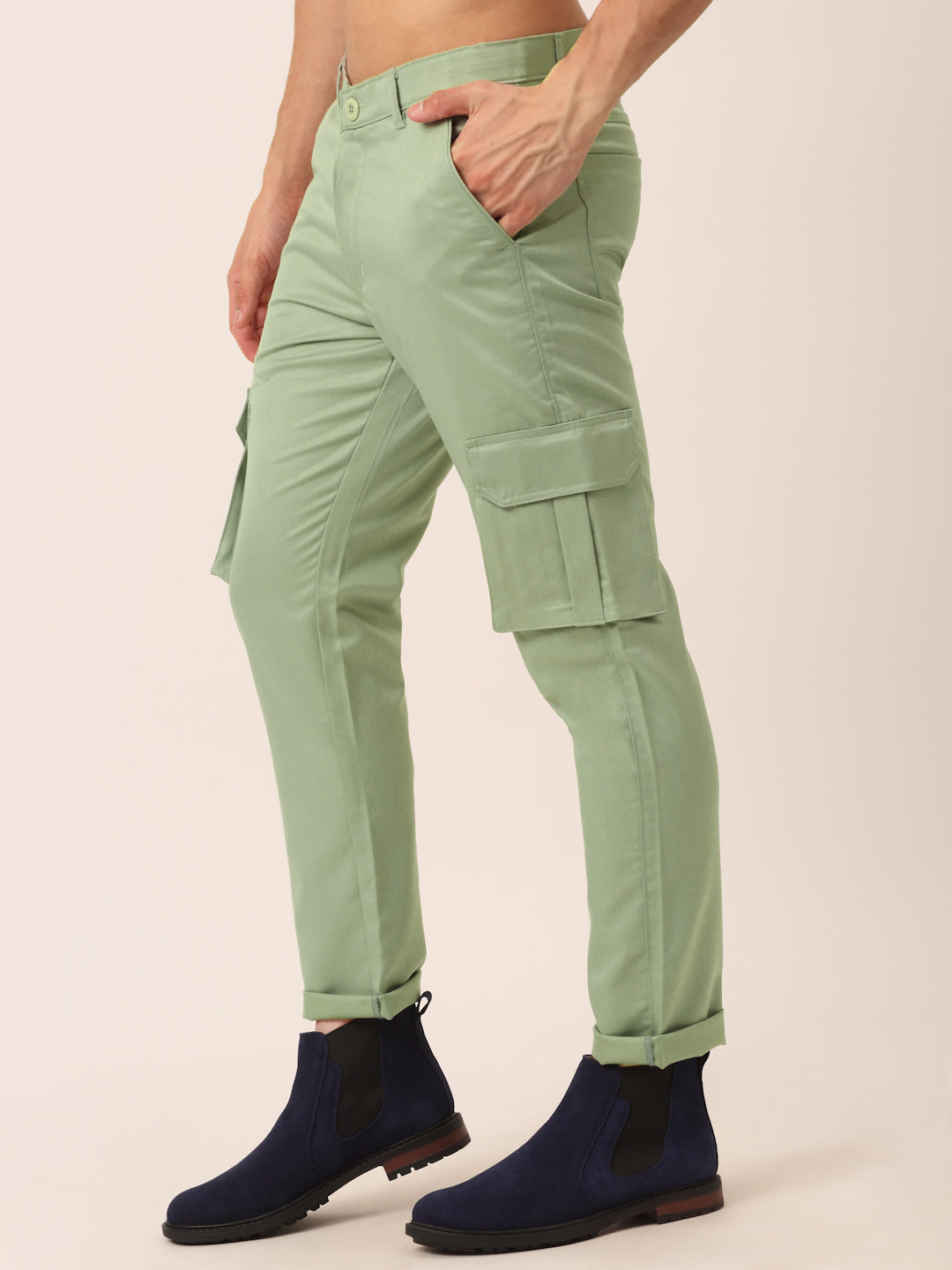 Men's Casual Cotton Solid Cargo Pants ( KGP 154 Pista-Green ) - Jainish