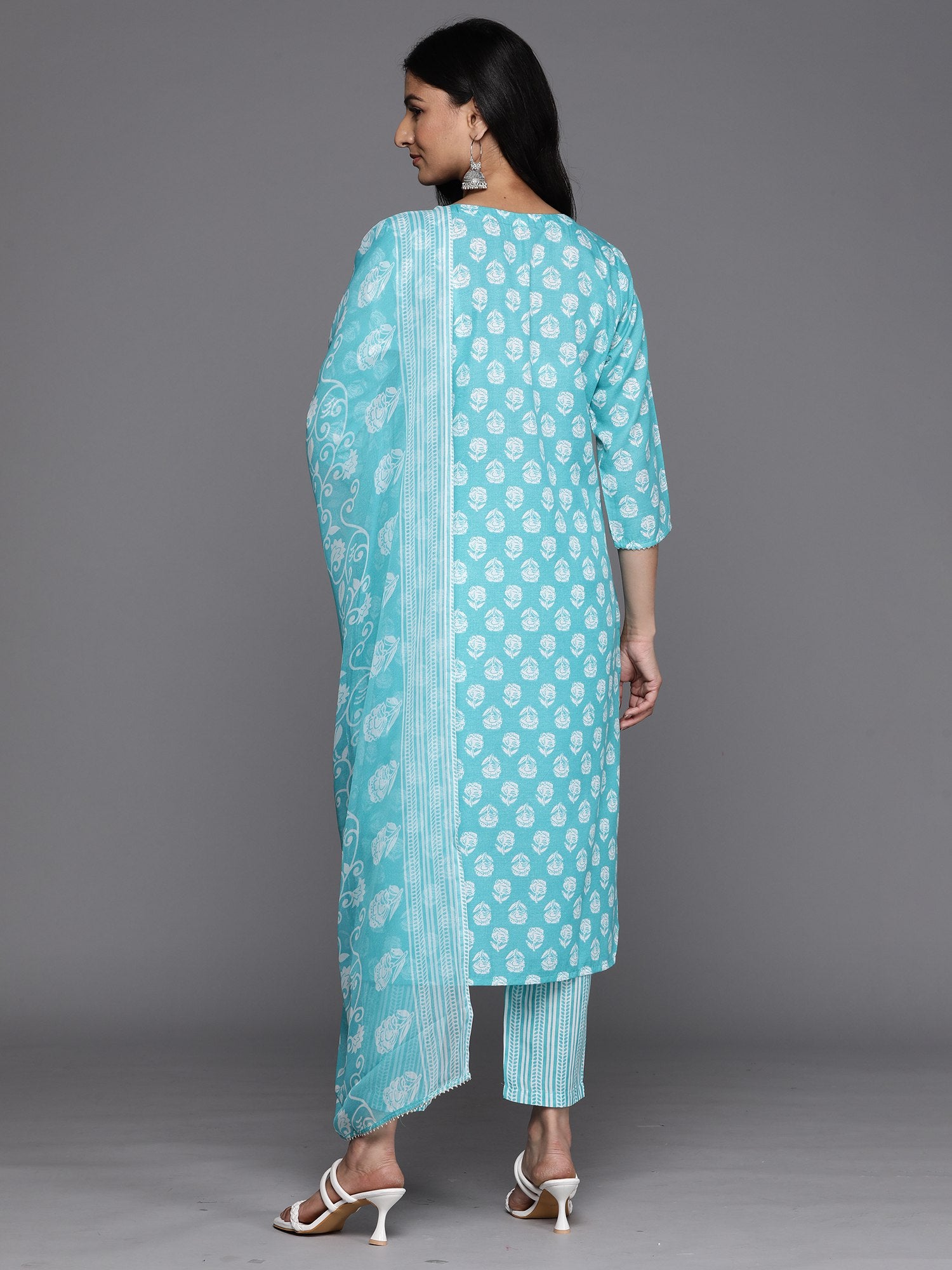Women's Floral Printed Regular Sequinned Pure Cotton Kurta With Trousers & Dupatta - Navyaa