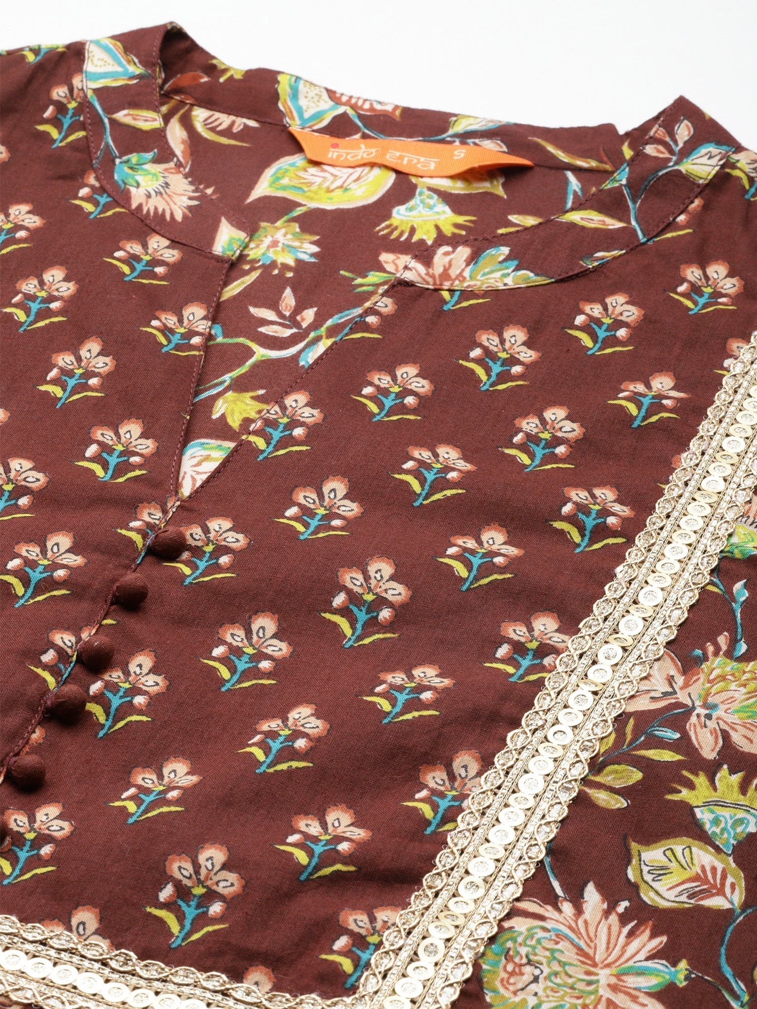 Women's Brown Printed A-Line Kurta Trousers With Dupatta Set - Indo Era