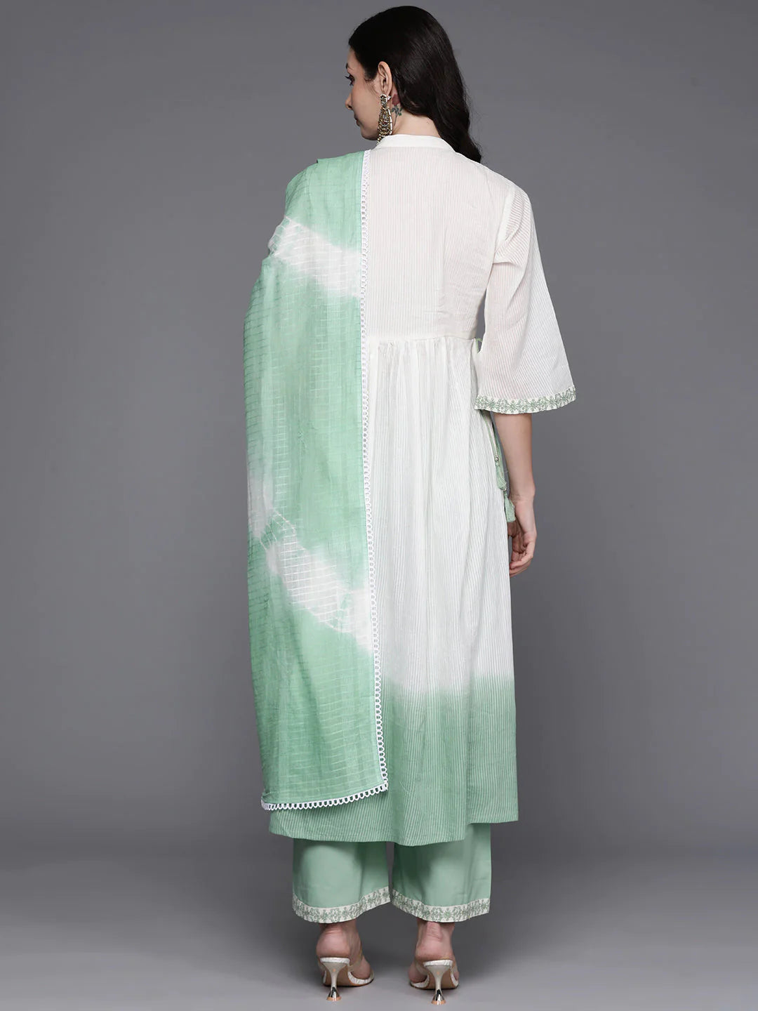 Women's Green Ombre Embroidered Empire Thread Work Cotton Kurta With Trousers & Dupatta - Navyaa
