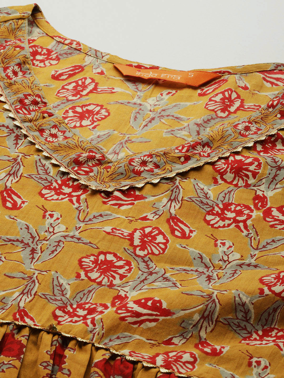 Women's Mustard Printed A-Line Kurta Trousers With Dupatta  Set - Indo Era