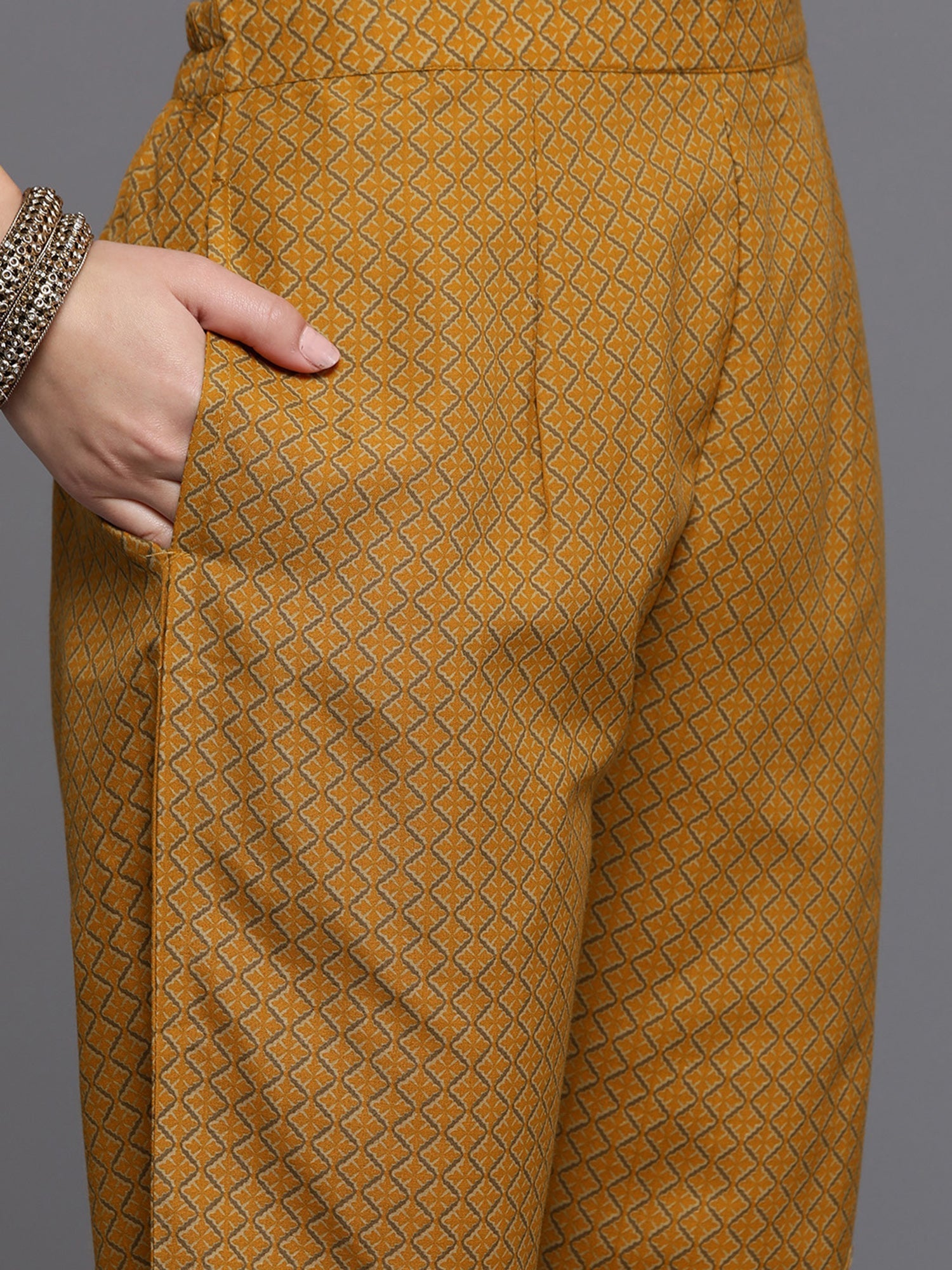 Women's Mustard Printed Straight Kurta Trousers With Dupatta Set - Indo Era