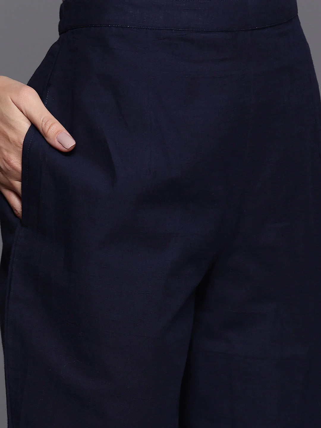 Women's Navy Blue Foil Printed A-Line Kurta Trouser With Dupatta Set - Navyaa