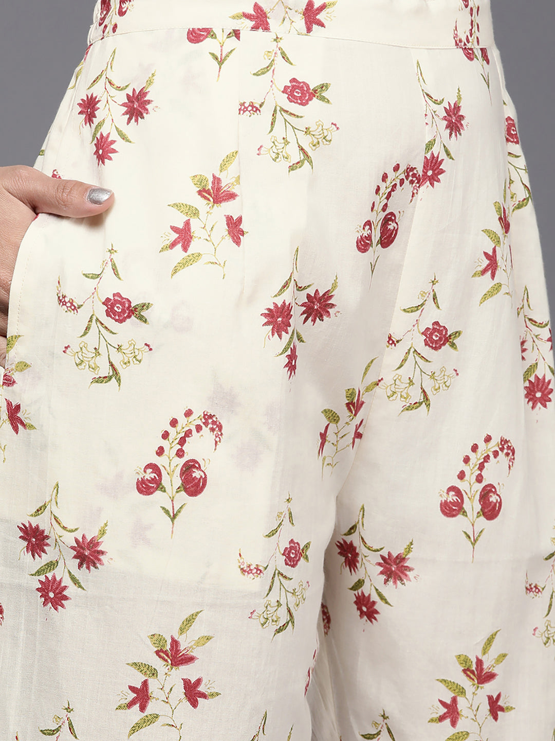Women's Off White Printed A-Line Kurta Trousers With Dupatta Set - Indo Era