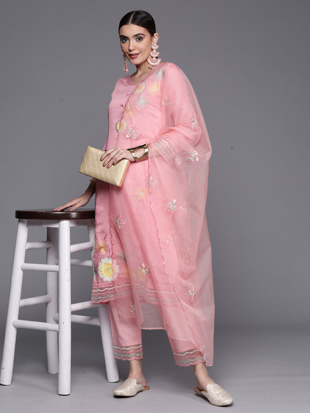 Women's Pink Embroidered Ethnic Straight Kurta Trousers With Dupatta Set - Indo Era