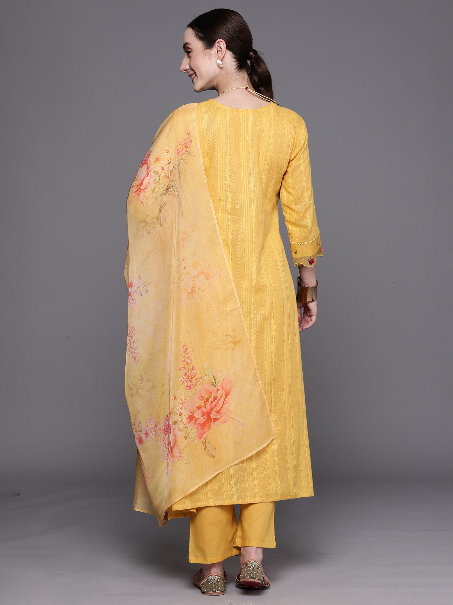Women's Floral Embroidered Regular Thread Work Pure Cotton Kurta With Trousers & Dupatta - Navyaa