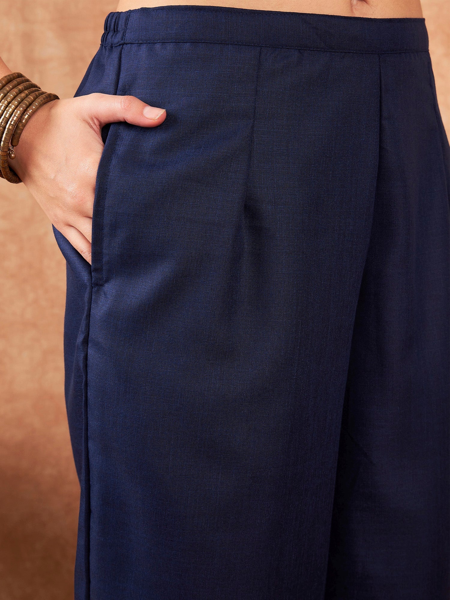 Women's Navy Blue Yoke Design Straight Kurta Trousers With Dupatta Set - Indo Era