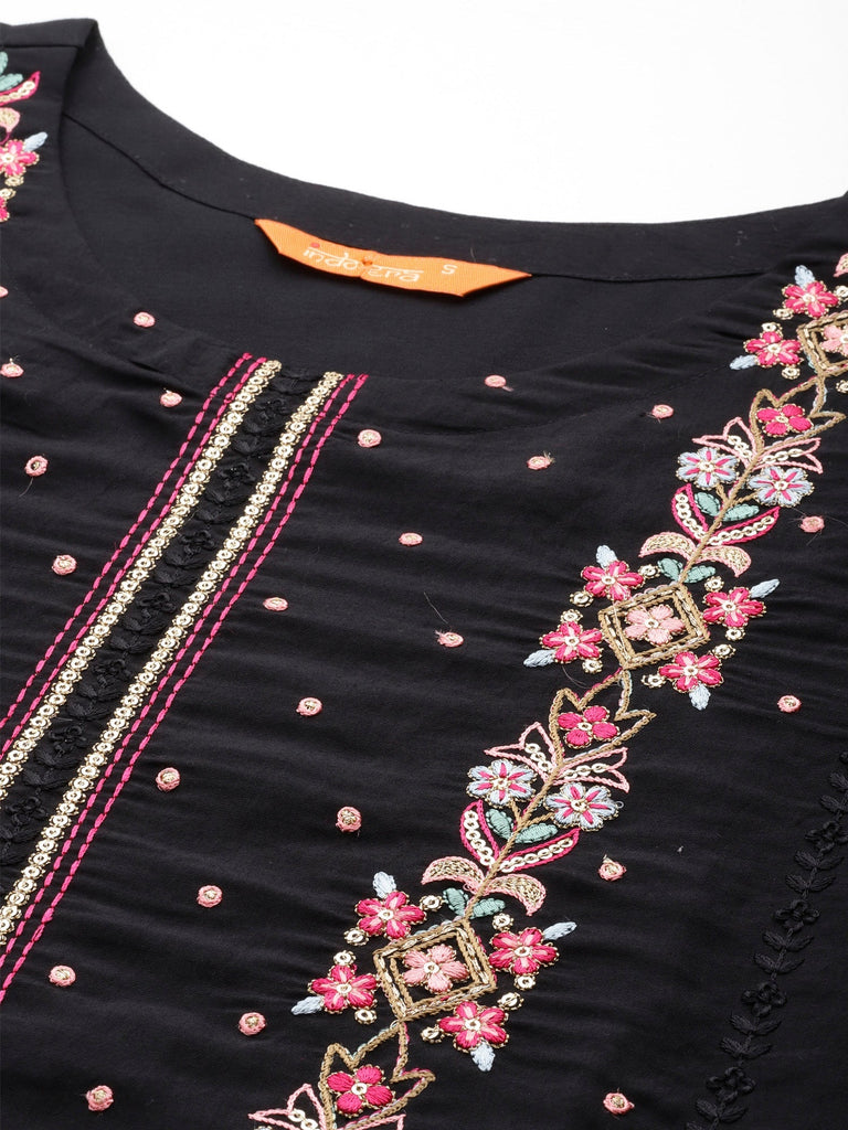 Women's Black Embroidered Straight Kurta Trousers With Dupatta Set