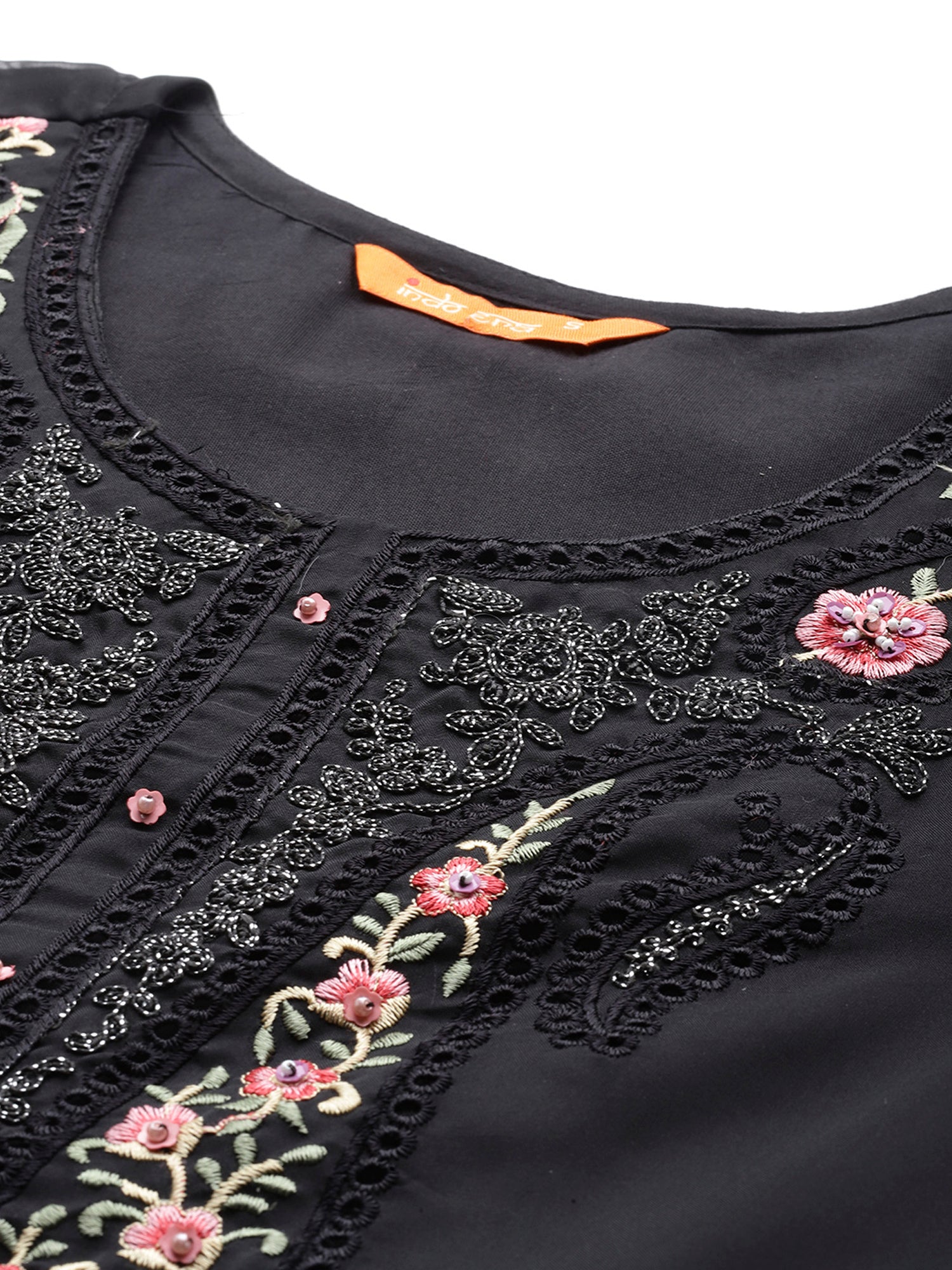 Women's Black Embroidered Straight Kurta Trousers With Dupatta Set - Indo Era