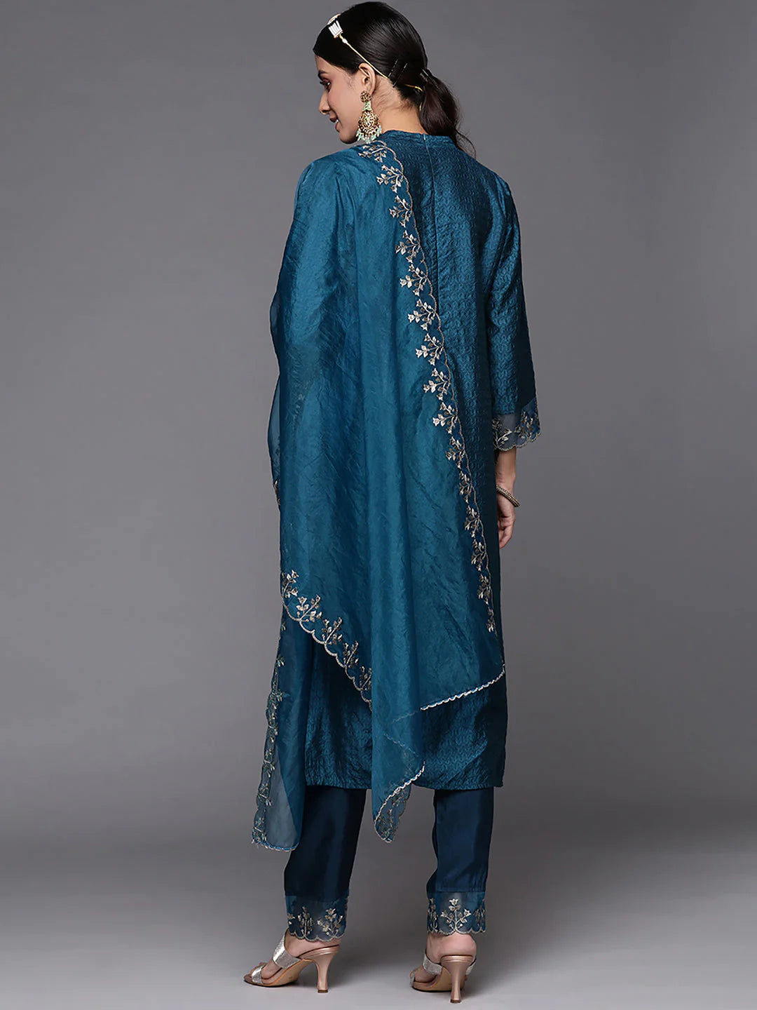 Women's Blue Embroidered Straight Kurta Trousers With Dupatta Set - Navyaa