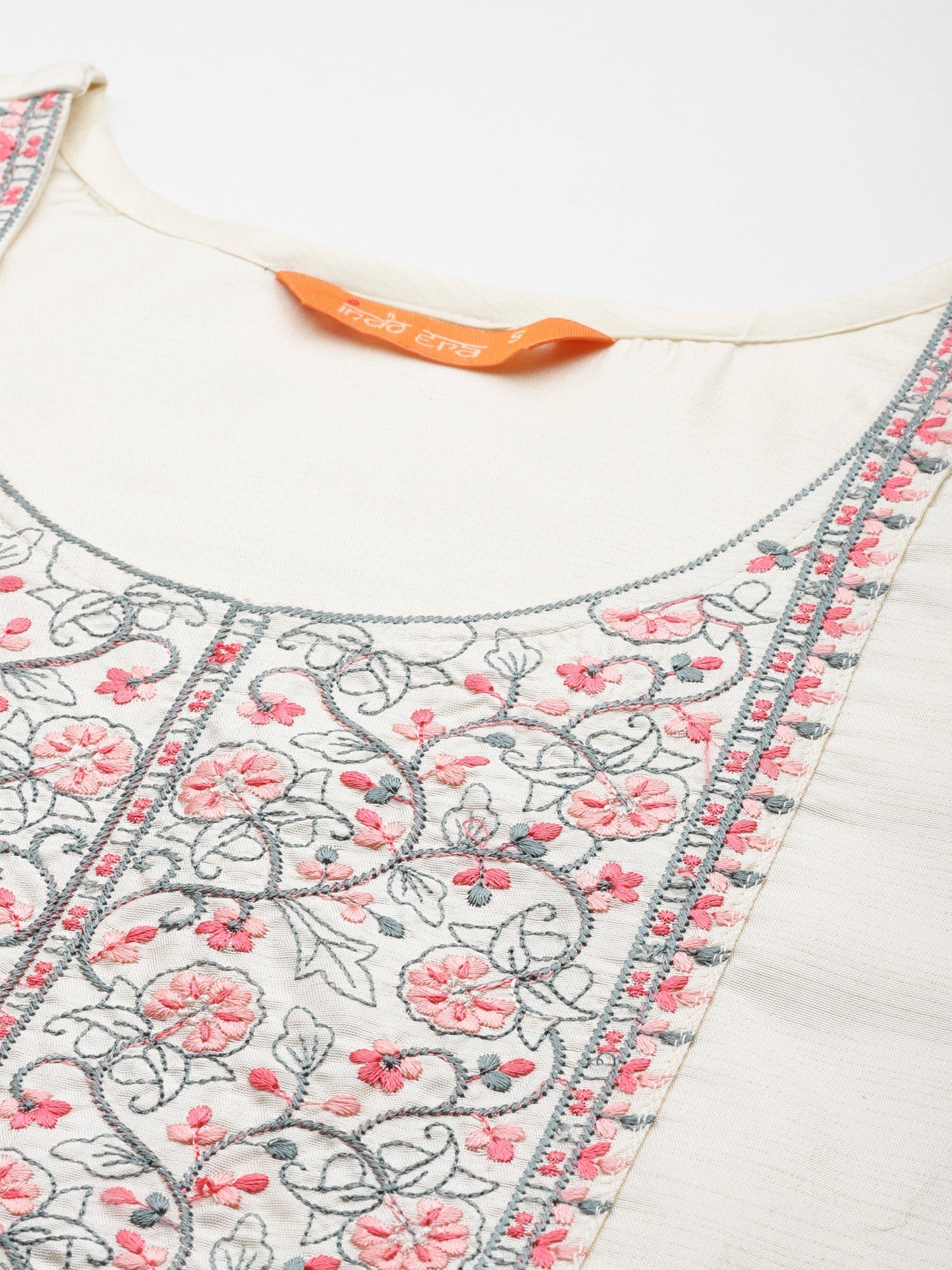 Women's Cream Embroidered Straight Kurta Trousers With Dupatta Set - Indo Era
