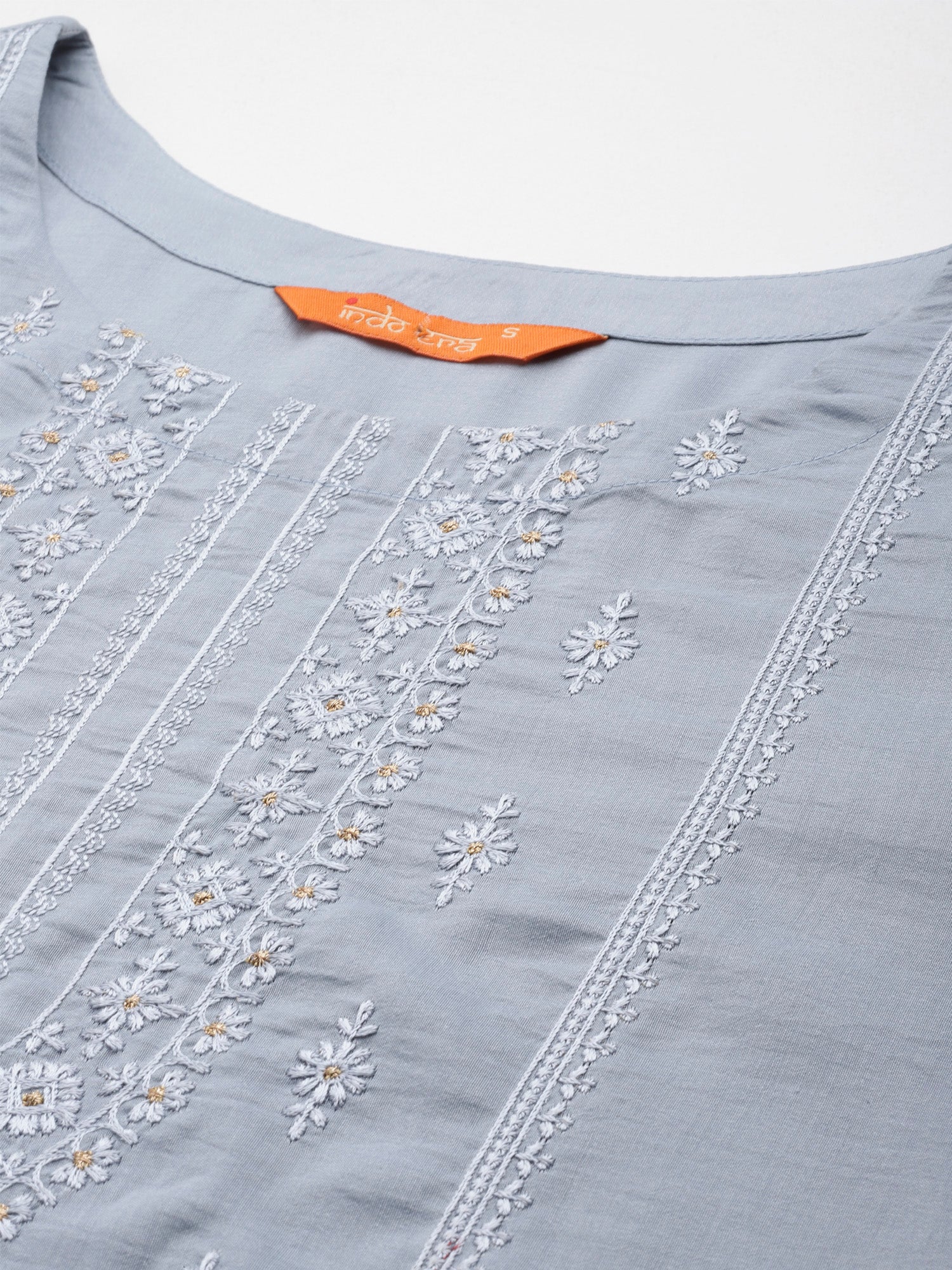 Women's Grey Embroidered Straight Kurta Trousers With Dupatta Set - Indo Era