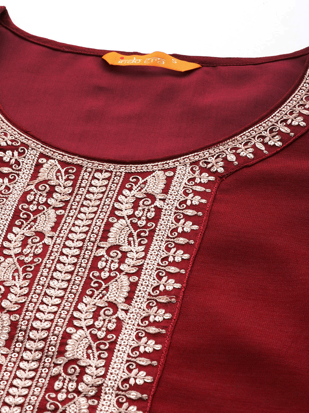 Women's Maroon Embroidered Straight Kurta Trousers With Dupatta Set - Indo Era