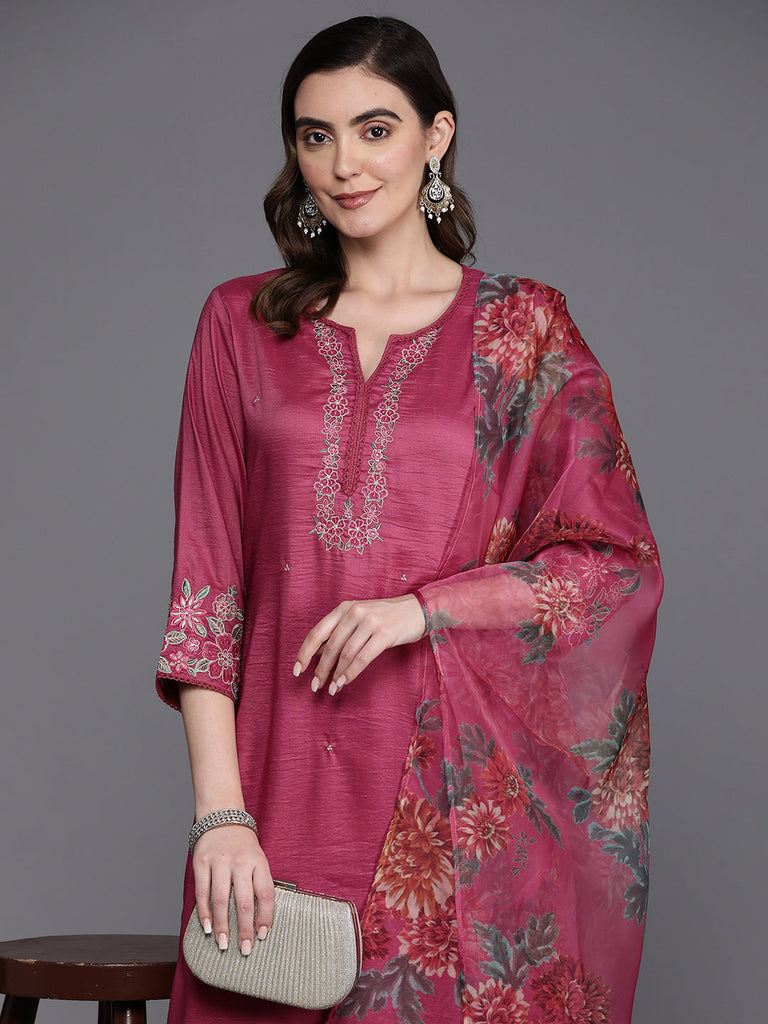 Women's Pink Embroidered Straight Kurta Trousers With Dupatta Set