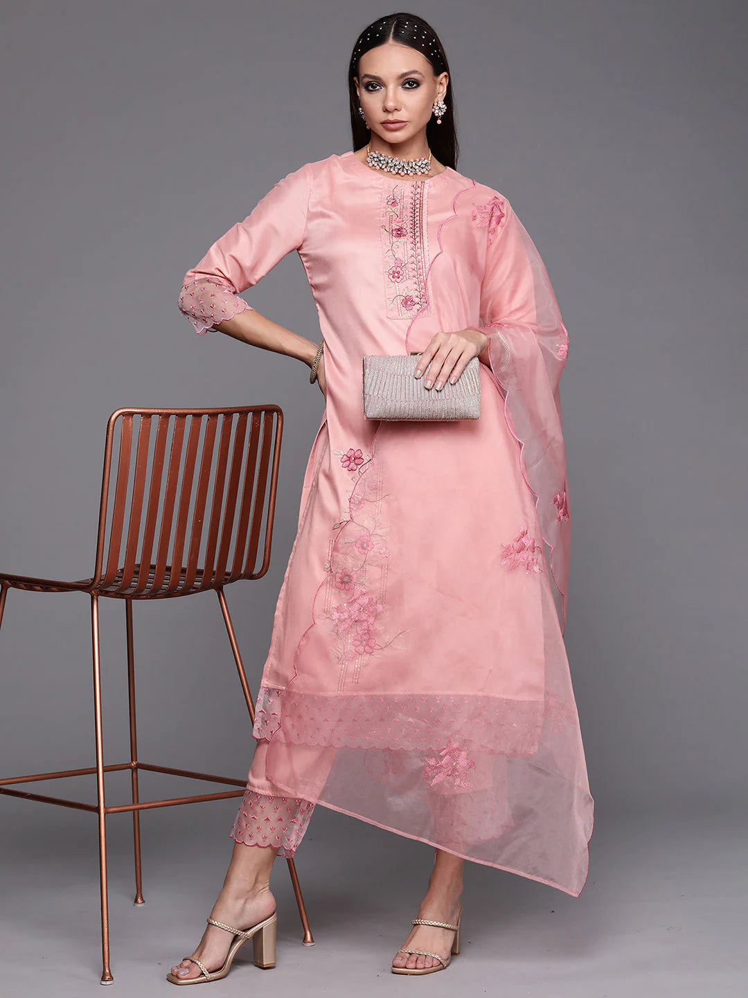 Women's Pink Floral Embroidered Straight Kurta Trouser With Dupatta Set - Navyaa