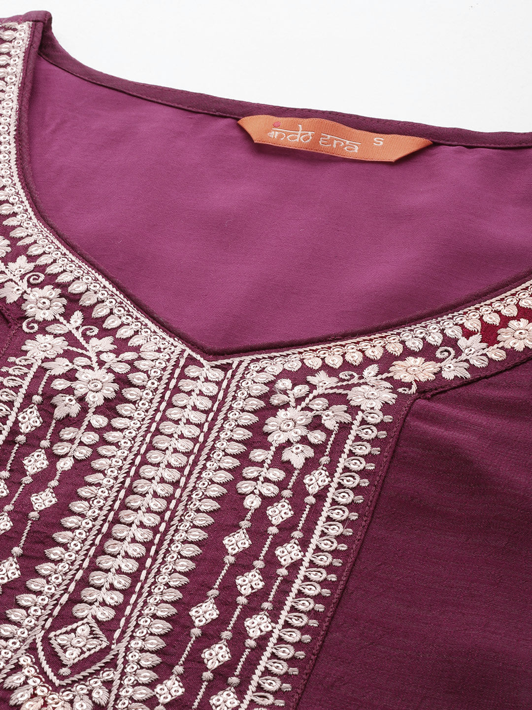 Women's Burgundy Embroidered Straight Kurta Trousers With Dupatta Set - Indo Era