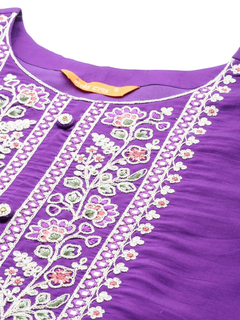 Women's Purple Embroidered Straight Kurta Trousers With Dupatta Set