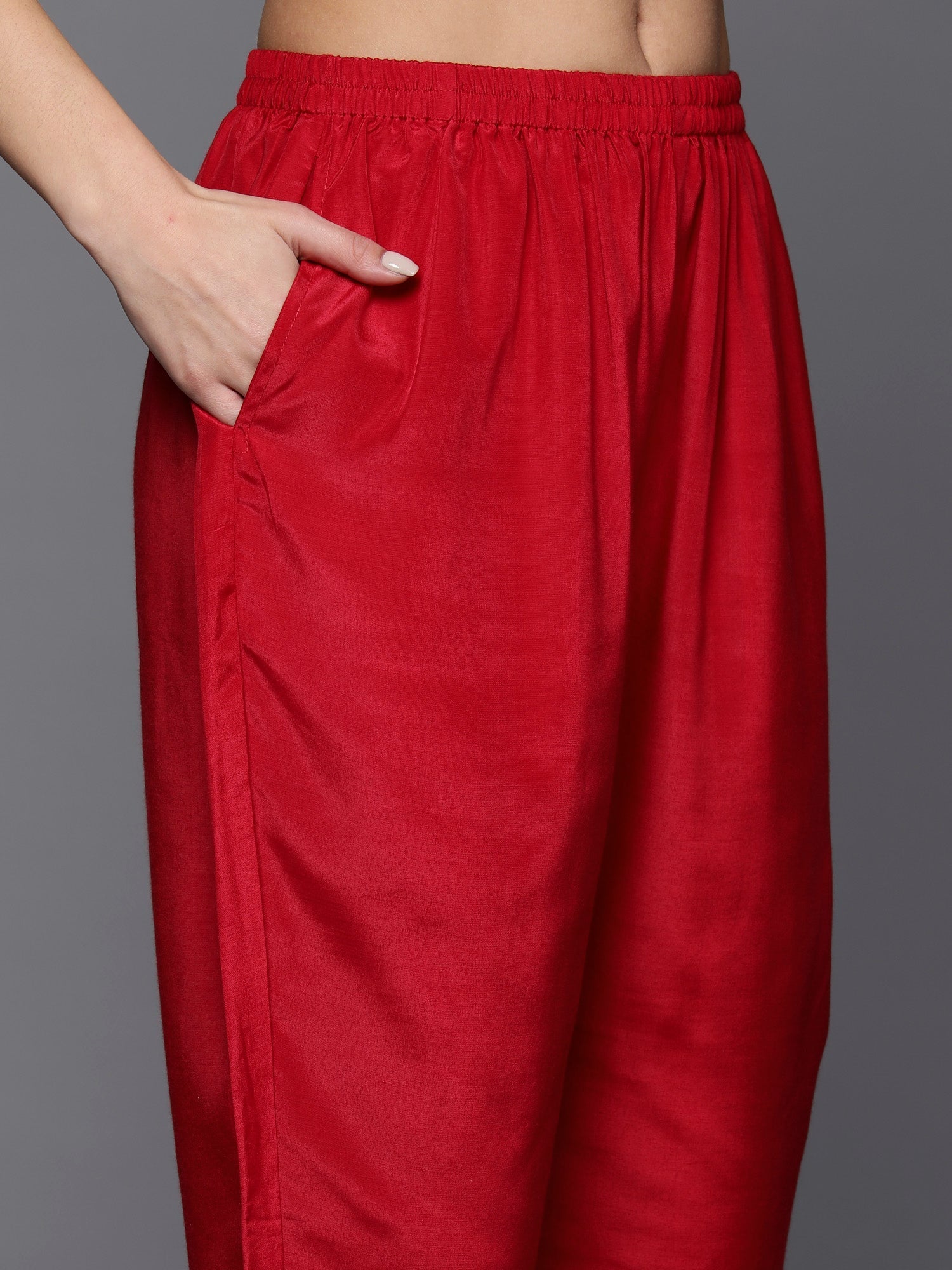 Women's Red Embroidered Straight Kurta Trousers With Dupatta Set - Indo Era