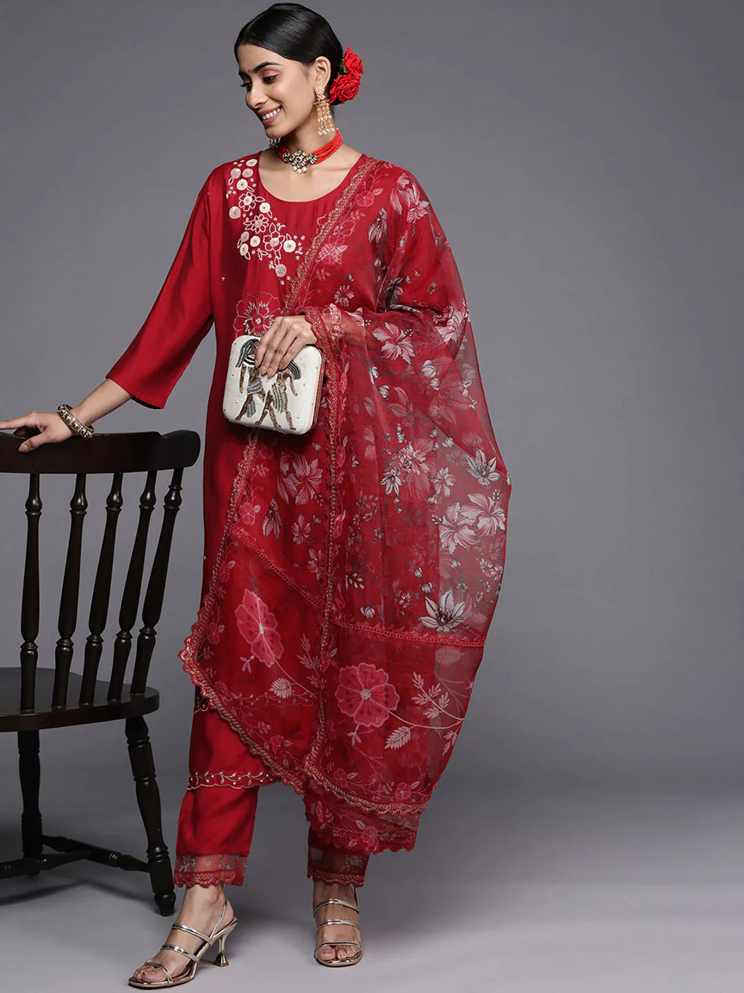 Women's Red Embroidered Straight Kurta Trousers With Dupatta Set - Navyaa