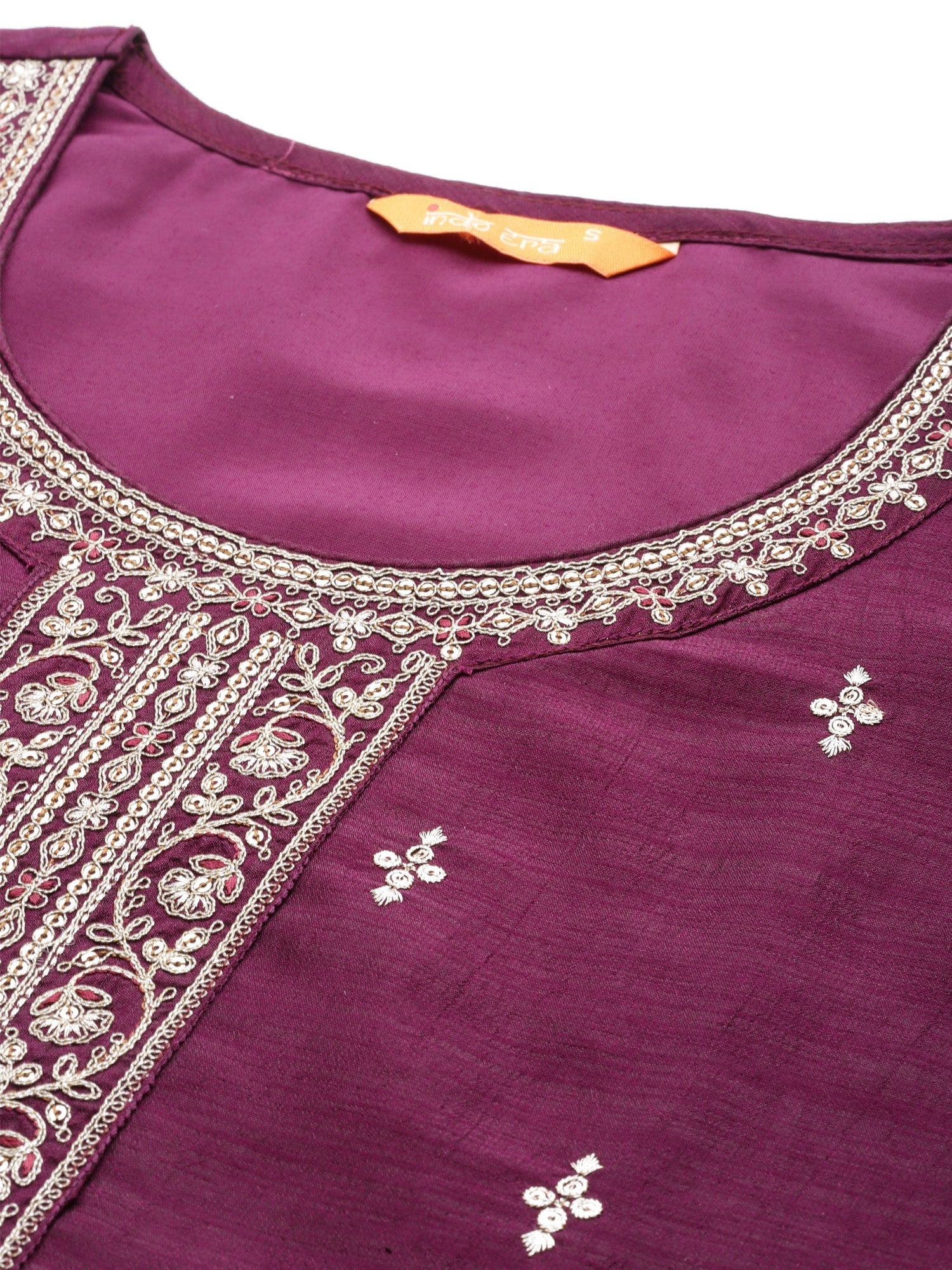 Women's Burgundy Embroidered Straight Kurta Trousers With Dupatta Set - Indo Era
