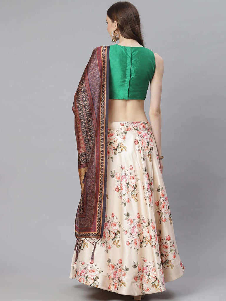 Women's Digital Print Shiney Satin Semistitched Lehenga Choli With Unstitched Blouse And Thred Work Dupatta