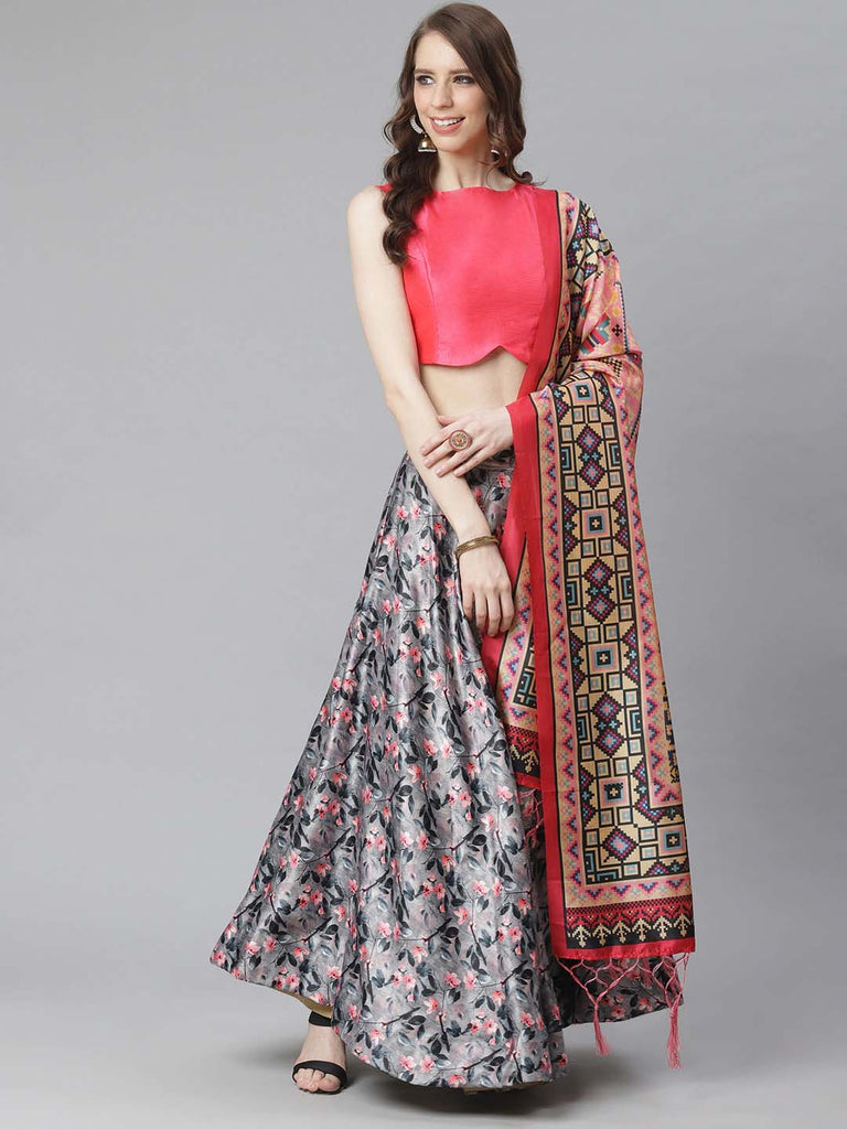 Women's Digital Print Shiney Satin Semistitched Lehenga Choli With Unstitched Blouse And Thred Work Dupatta