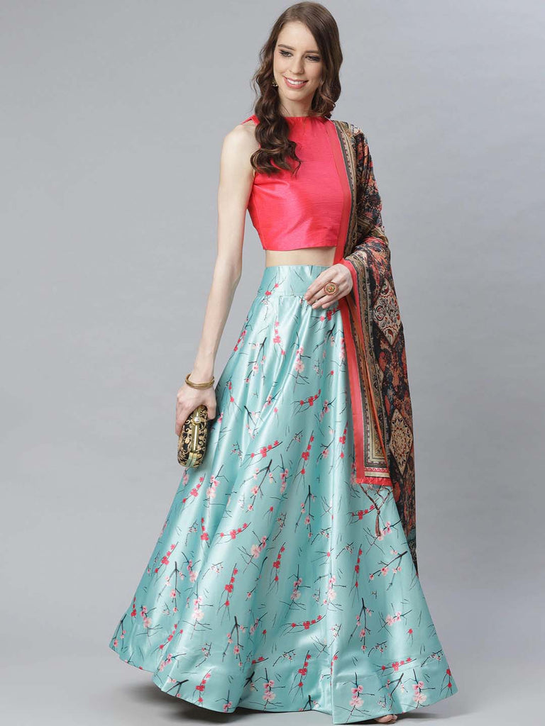 Women's Digital Print Shiney Satin Semistitched Lehenga Choli With Unstitched Blouse And Thred Work Dupatta