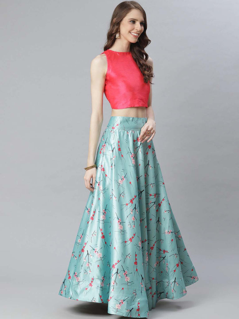 Women's Digital Print Shiney Satin Semistitched Lehenga Choli With Unstitched Blouse And Thred Work Dupatta