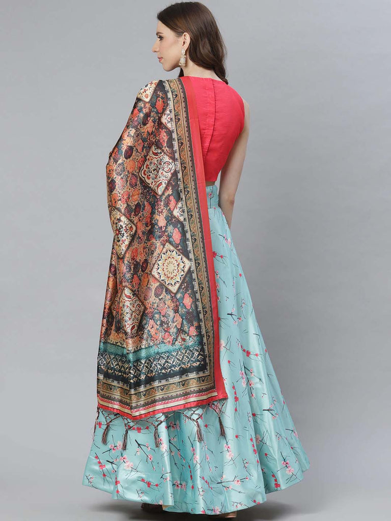 Women's Digital Print Shiney Satin Semistitched Lehenga Choli With Unstitched Blouse And Thred Work Dupatta