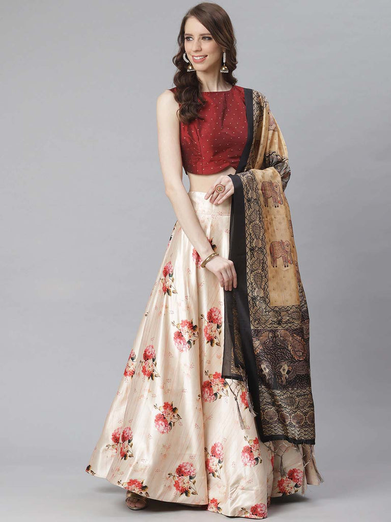 Women's Digital Print Shiney Satin Semistitched Lehenga Choli With Unstitched Blouse And Thred Work Dupatta