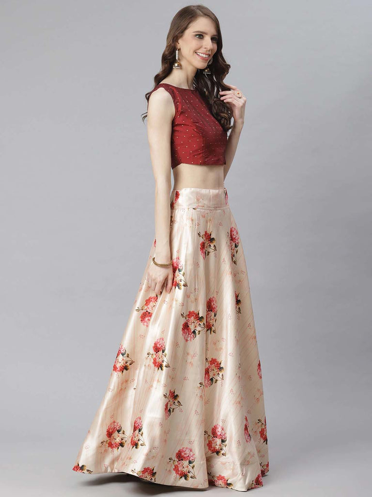Women's Digital Print Shiney Satin Semistitched Lehenga Choli With Unstitched Blouse And Thred Work Dupatta