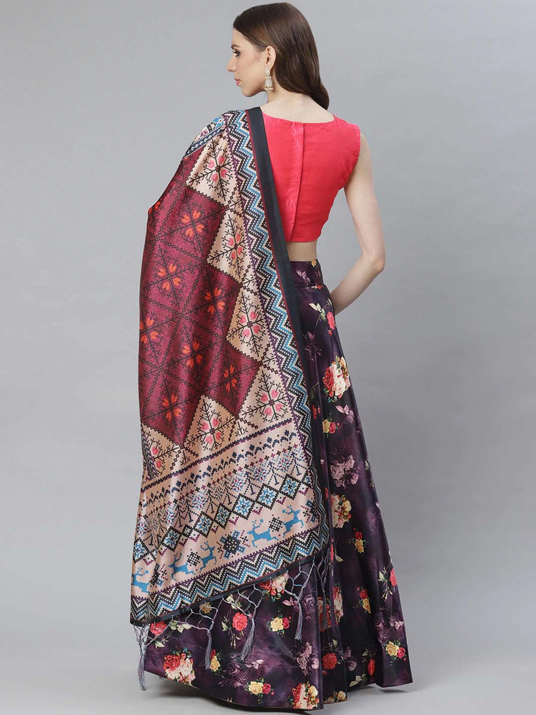 Women's Digital Print Shiney Satin Semistitched Lehenga Choli With Unstitched Blouse And Thred Work Dupatta