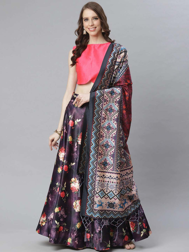 Women's Digital Print Shiney Satin Semistitched Lehenga Choli With Unstitched Blouse And Thred Work Dupatta